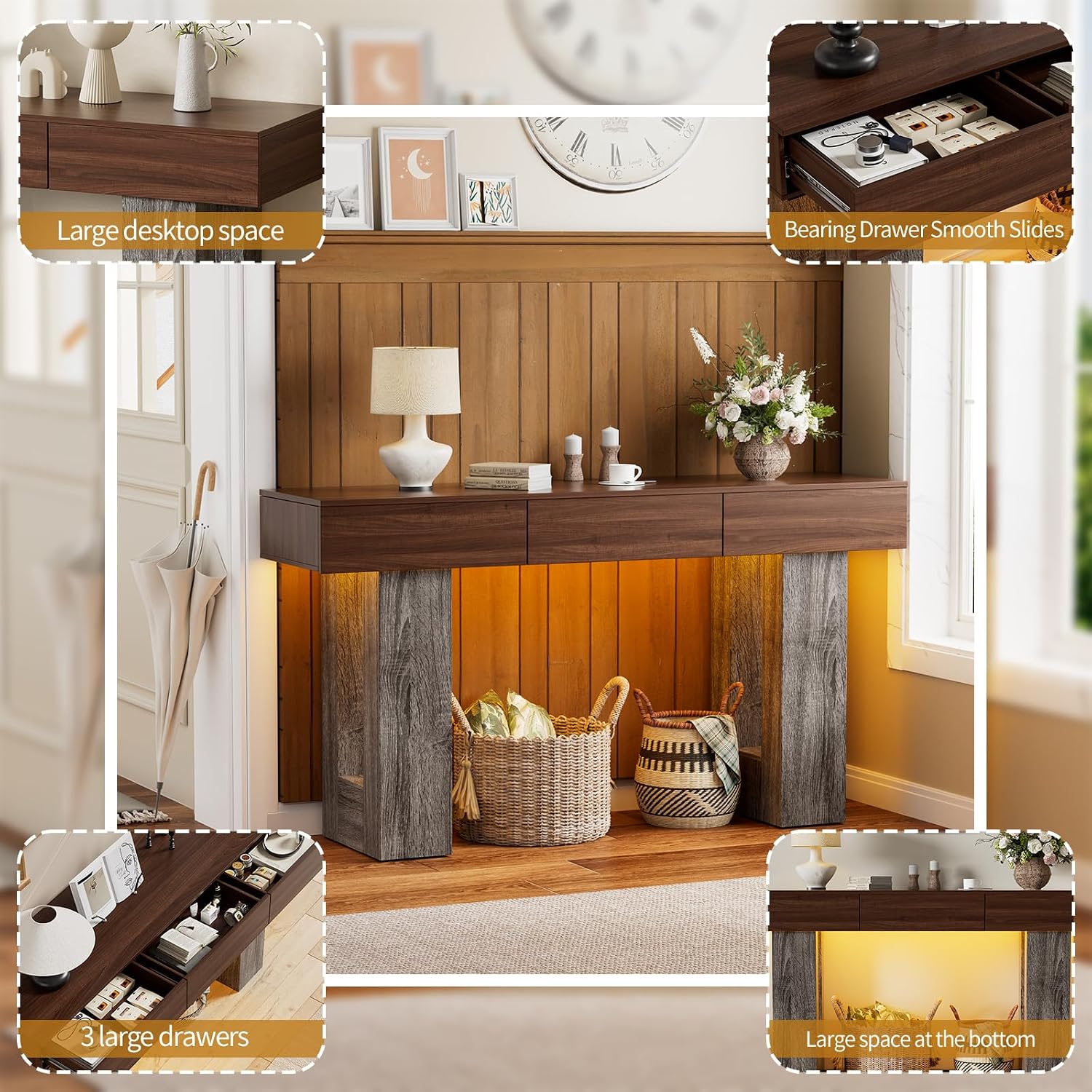 PAKASEPT 63-Inch Long Console Table with Colorful LED Lights and 3 Drawers, Farmhouse Sofa Table with Storage, Wooden Entryway Table for Hallway, Living Room, Foyer, Vintage Brown