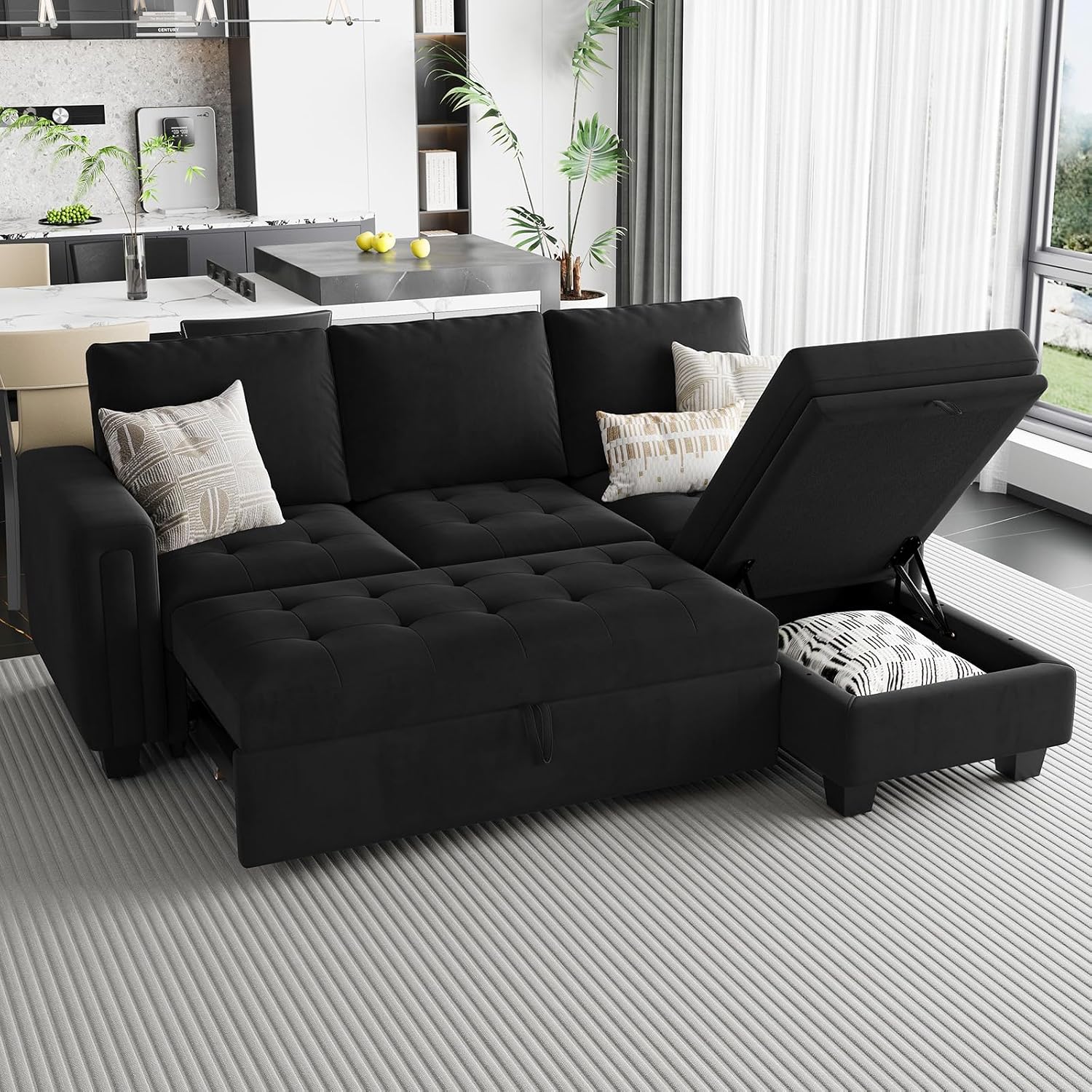 Belffin Sectional Sleeper Sofa with Pull Out Couch Bed Modular Sectional Sofa with Storage Velvet L Shaped Couch Sleeper Bed Black
