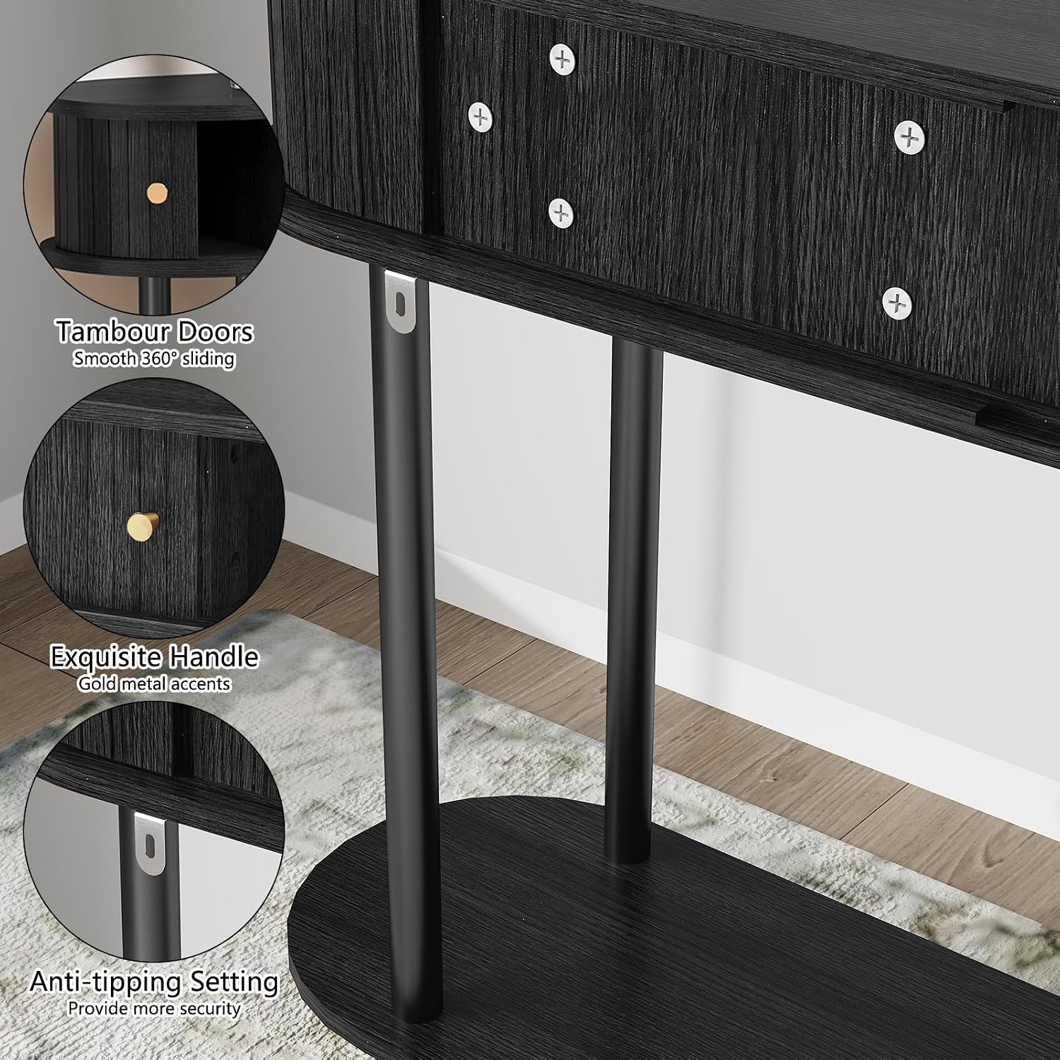 ARTPOWER 47.2' Modern Entryway Table with Wood Tambour Door, Accent Behind Couch Sofa Console with Storage, Fluted Side Table for Hallway, Living Room, Foyer, Black
