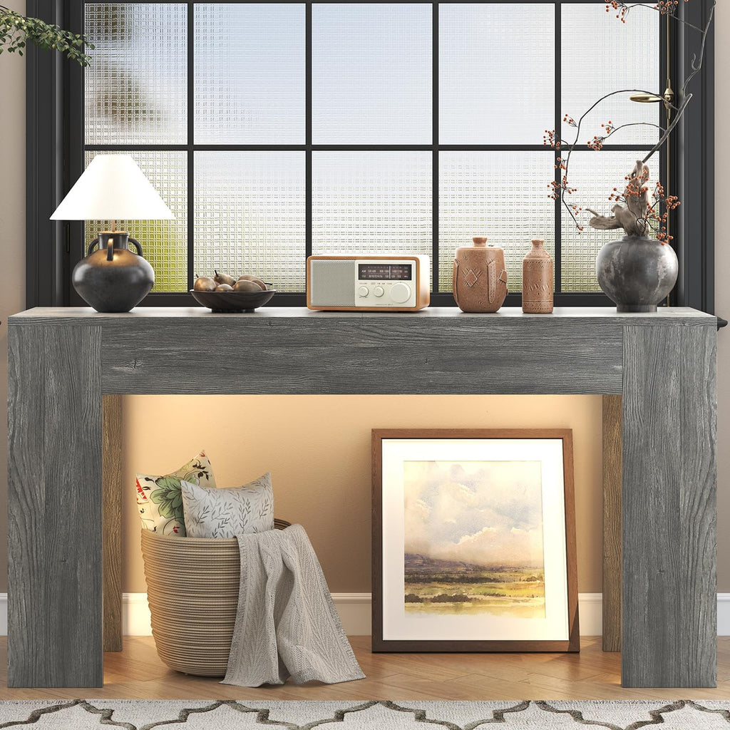 knoworld 63-Inch Long Console Table with LED Light, Farmhouse Sofa Table Behind Couch, Wooden Console Table for Entryway Hallway Entrance Living Room, Gray