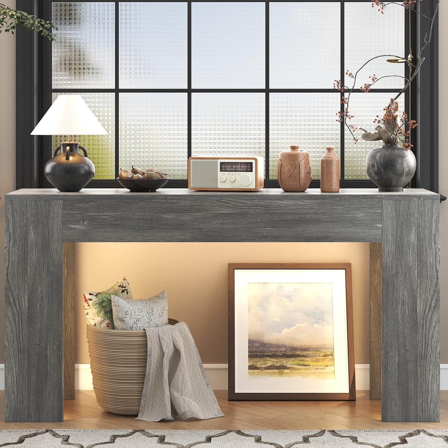 knoworld 63-Inch Long Console Table with LED Light, Farmhouse Sofa Table Behind Couch, Wooden Console Table for Entryway Hallway Entrance Living Room, Gray