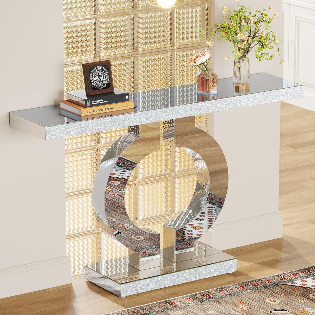 Tribesigns Modern Mirrored Console Table, Glass Sofa Table with Mirror Finish, 43-Inch Entryway Table with O-Shaped Base, Rectangular Accent Foyer Table for Living Room Hallway Entrance (Silver)