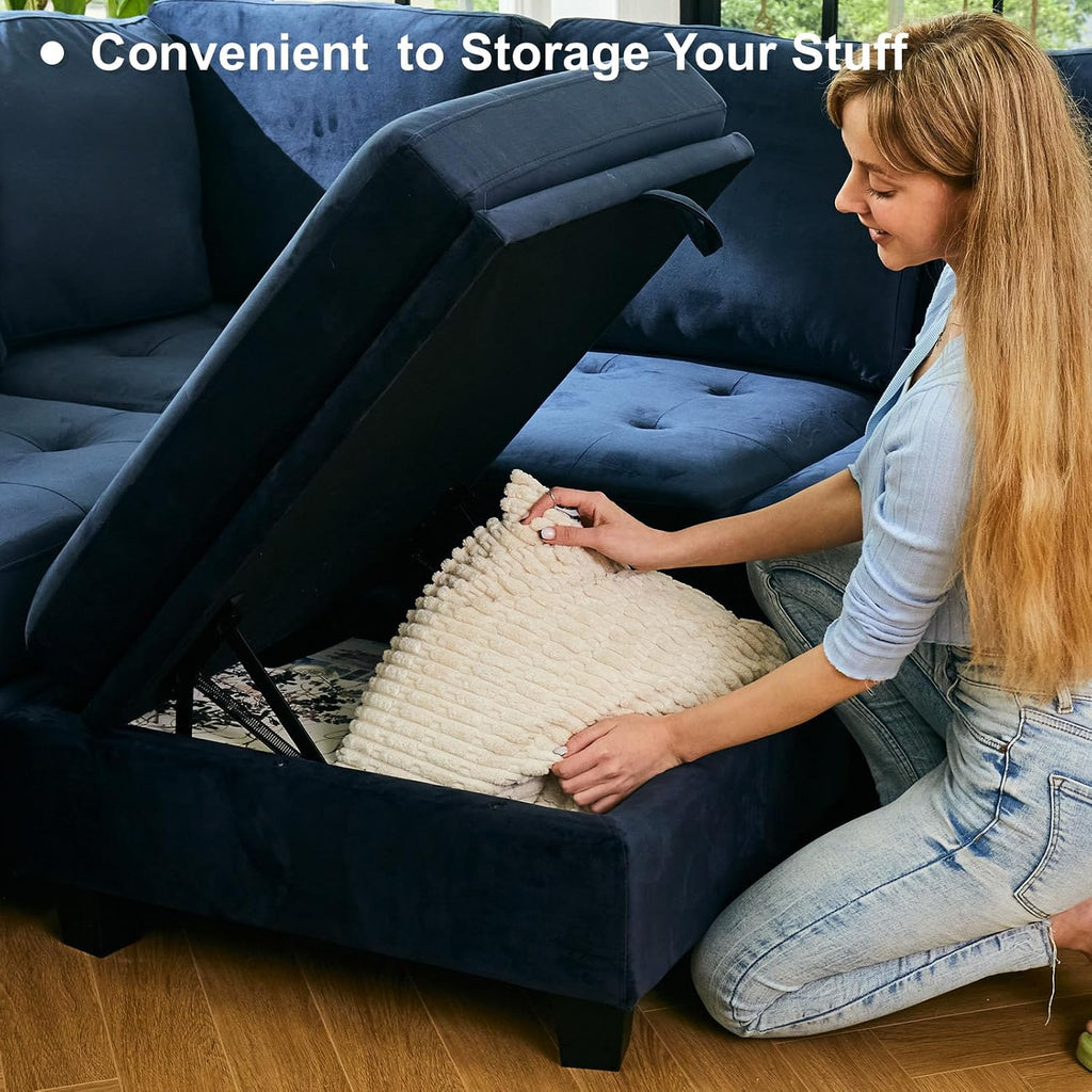 Belffin Sectional Sleeper Sofa with Pull Out Couch Bed Modular Sectional Sofa with Storage Velvet L Shaped Couch Sleeper Bed Blue