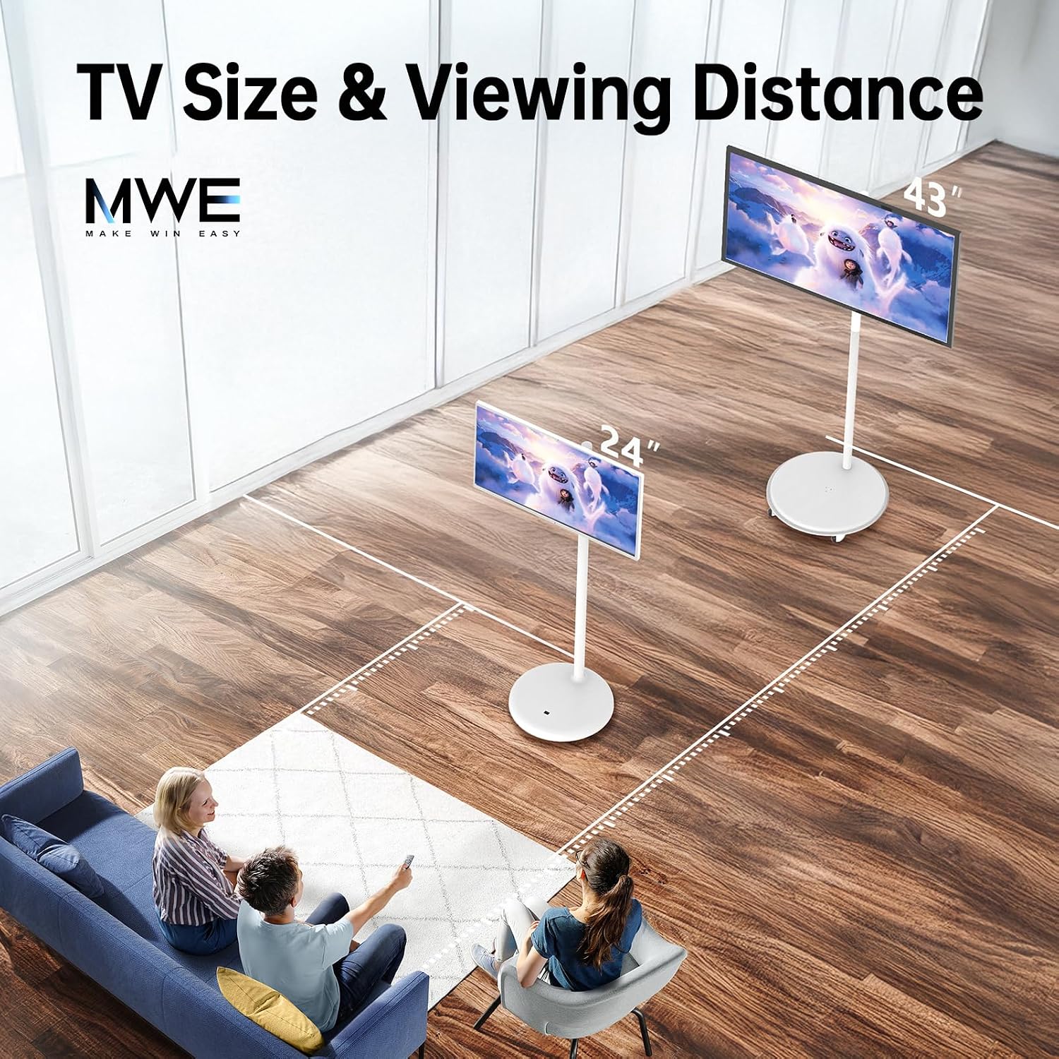 24 Inch Portable TV on Wheels, MWE 2K Smart Touch Screen Rolling TV LCD Display with Wires plugged in use, Android OS, Type-C, USB, HDMI Port, Support Wireless Mouse Keyboard