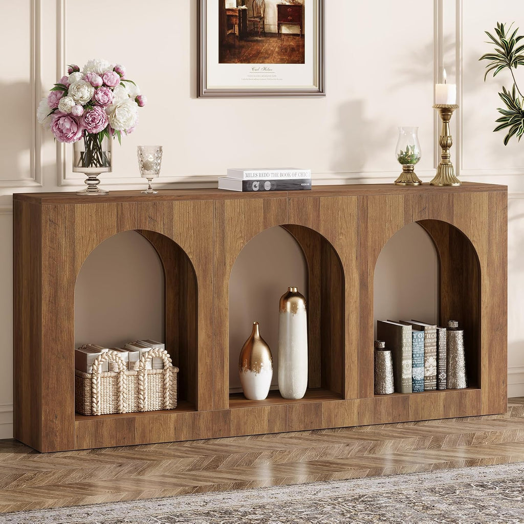 Tribesigns 70.9' Console Table with Storage, Wood Entryway Entry Table with 3 Arched Shelves for Foyer, Hallway, Living Room, Behind Couch Sofa, Narrow Long, Brown