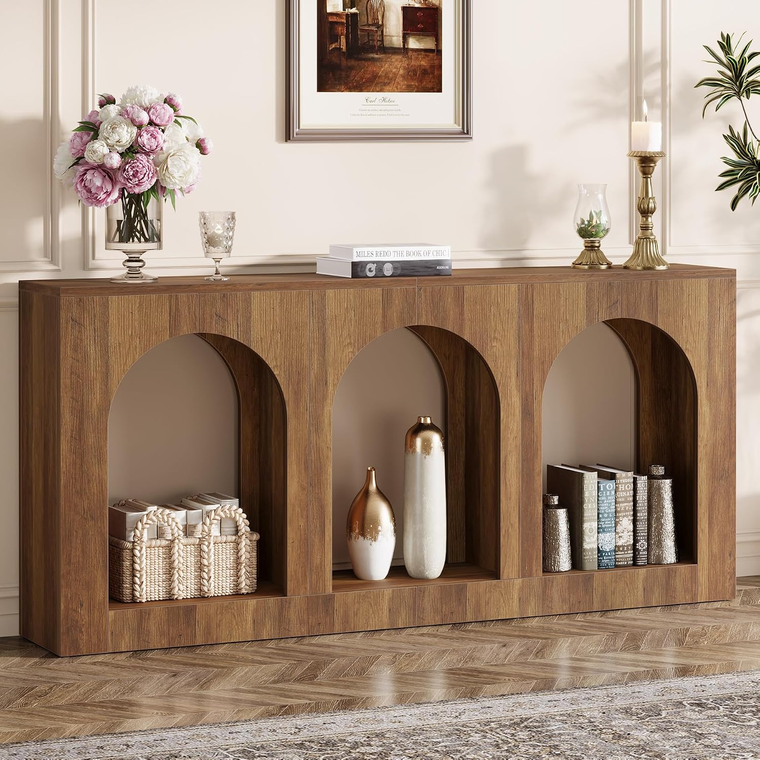 Tribesigns 70.9' Console Table with Storage, Wood Entryway Entry Table with 3 Arched Shelves for Foyer, Hallway, Living Room, Behind Couch Sofa, Narrow Long, Brown