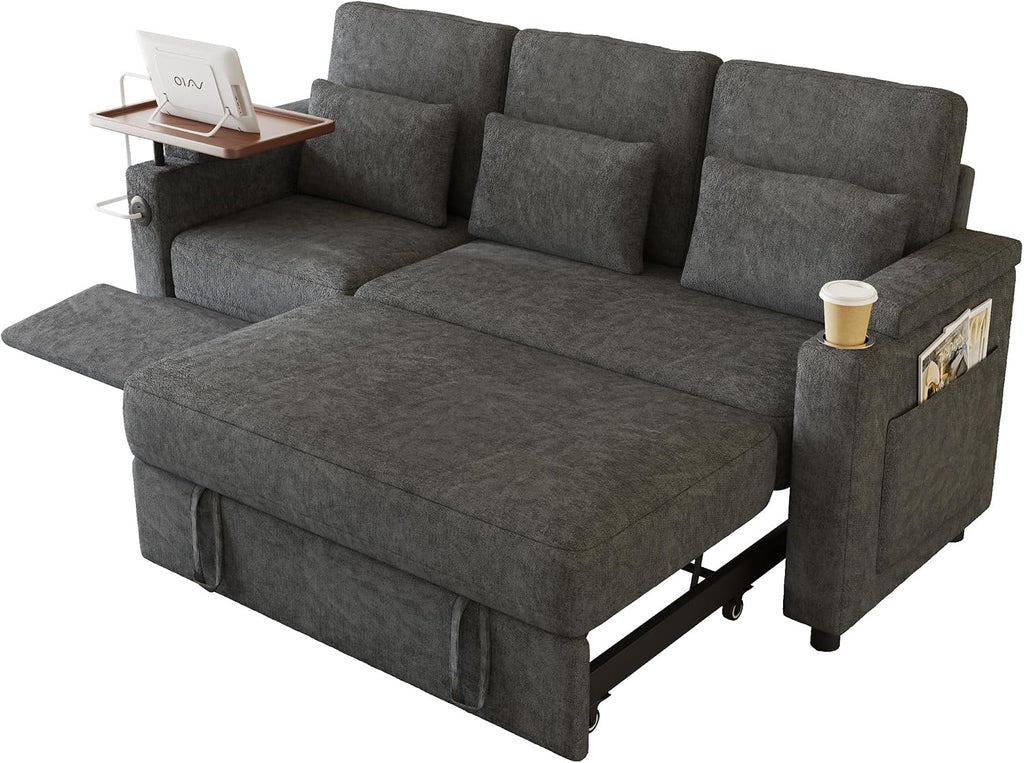 Sectional Sleeper Sofa with Pull Out Couch and Reclining Chair, Modern 3-in-1 Convertible Sleeper Sectional Couch that Turns Into Bed with Cup Holder, Laptop Table and USB Port for Living Room
