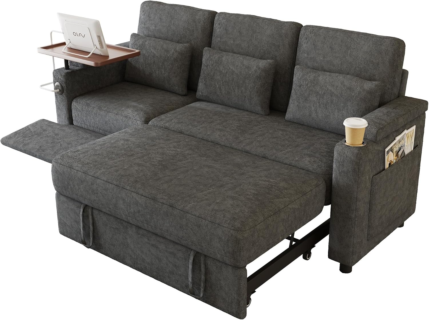 Sectional Sleeper Sofa with Pull Out Couch and Reclining Chair, Modern 3-in-1 Convertible Sleeper Sectional Couch that Turns Into Bed with Cup Holder, Laptop Table and USB Port for Living Room