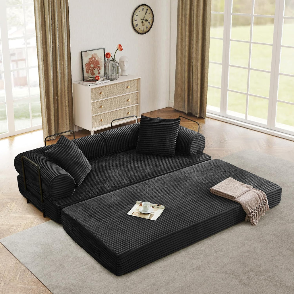 Antetek Modular Couch Bed, Convertible Folding Plush Corduroy Comfy Floor Compression Loveseat Sleeper Sofa Couch, King Size Bed for Guest Room Living Room Bedroom, No Assembly Required, Black