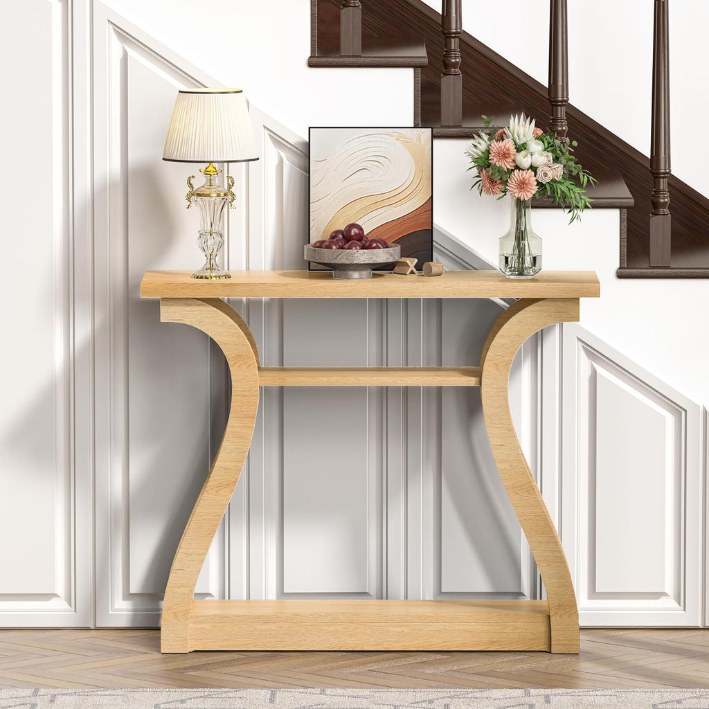 Wooden Console Table with Curved Legs and Shelf, 3-Tier Modern Accent Narrow Sofa Table for Entrance Area, Living Room, Hallway, 47 in Wide Wood Console Table for Entryway (Nature)