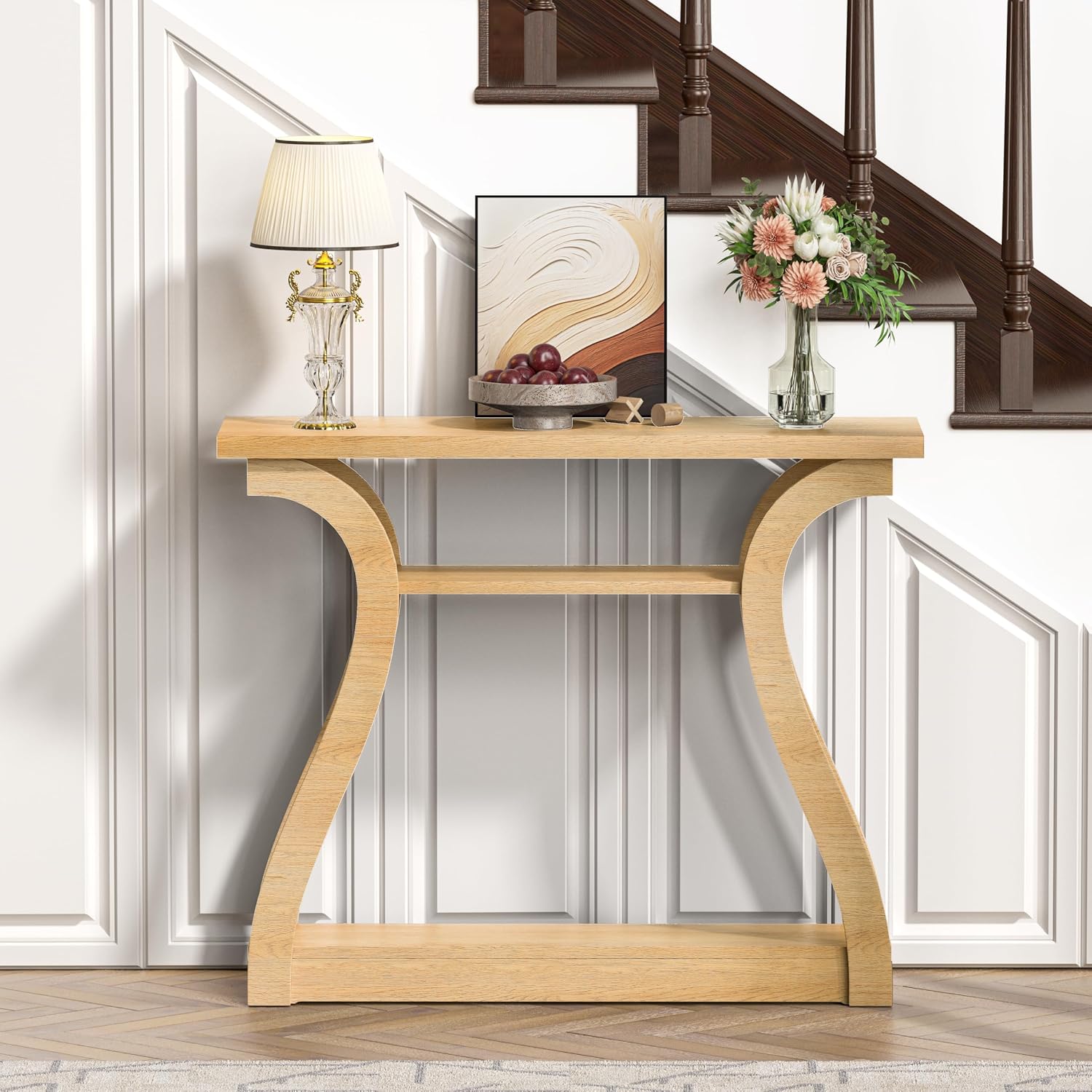 Wooden Console Table with Curved Legs and Shelf, 3-Tier Modern Accent Narrow Sofa Table for Entrance Area, Living Room, Hallway, 47 in Wide Wood Console Table for Entryway (Nature)