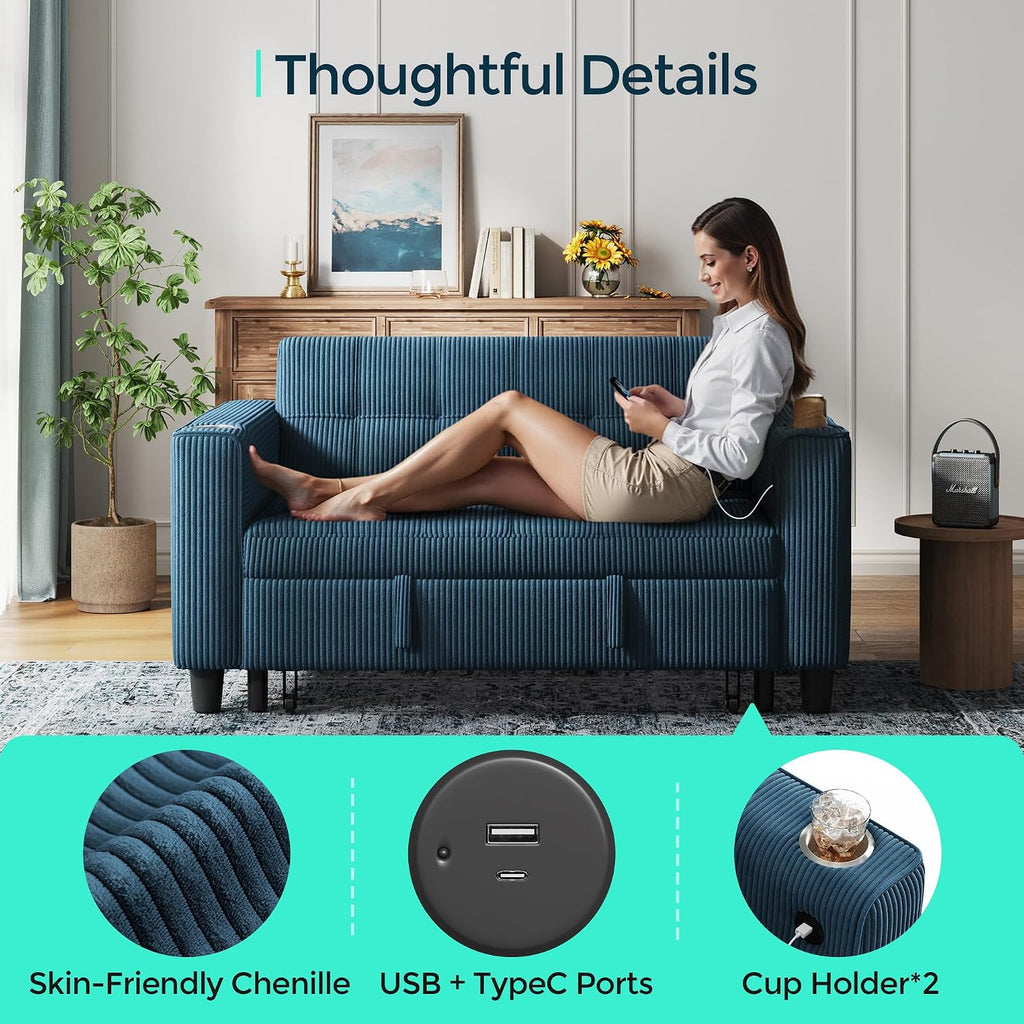 LINSY Sleeper Sofa Bed, 54' Pull Out Couch with Charging Station & Cup Holder, Small 3 in 1 Convertible Loveseat Sleeper Couch for Apartment, Dorm Room, Bedroom and Small Space, Corduroy Blue