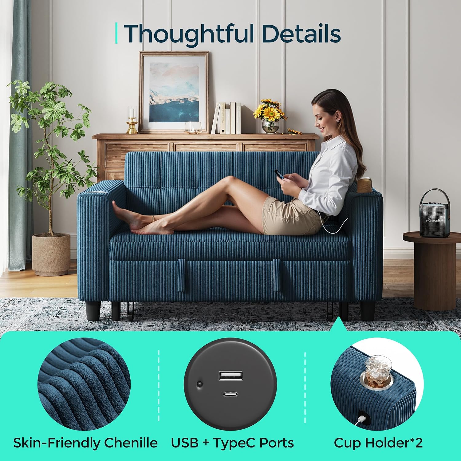 LINSY Sleeper Sofa Bed, 54' Pull Out Couch with Charging Station & Cup Holder, Small 3 in 1 Convertible Loveseat Sleeper Couch for Apartment, Dorm Room, Bedroom and Small Space, Corduroy Blue