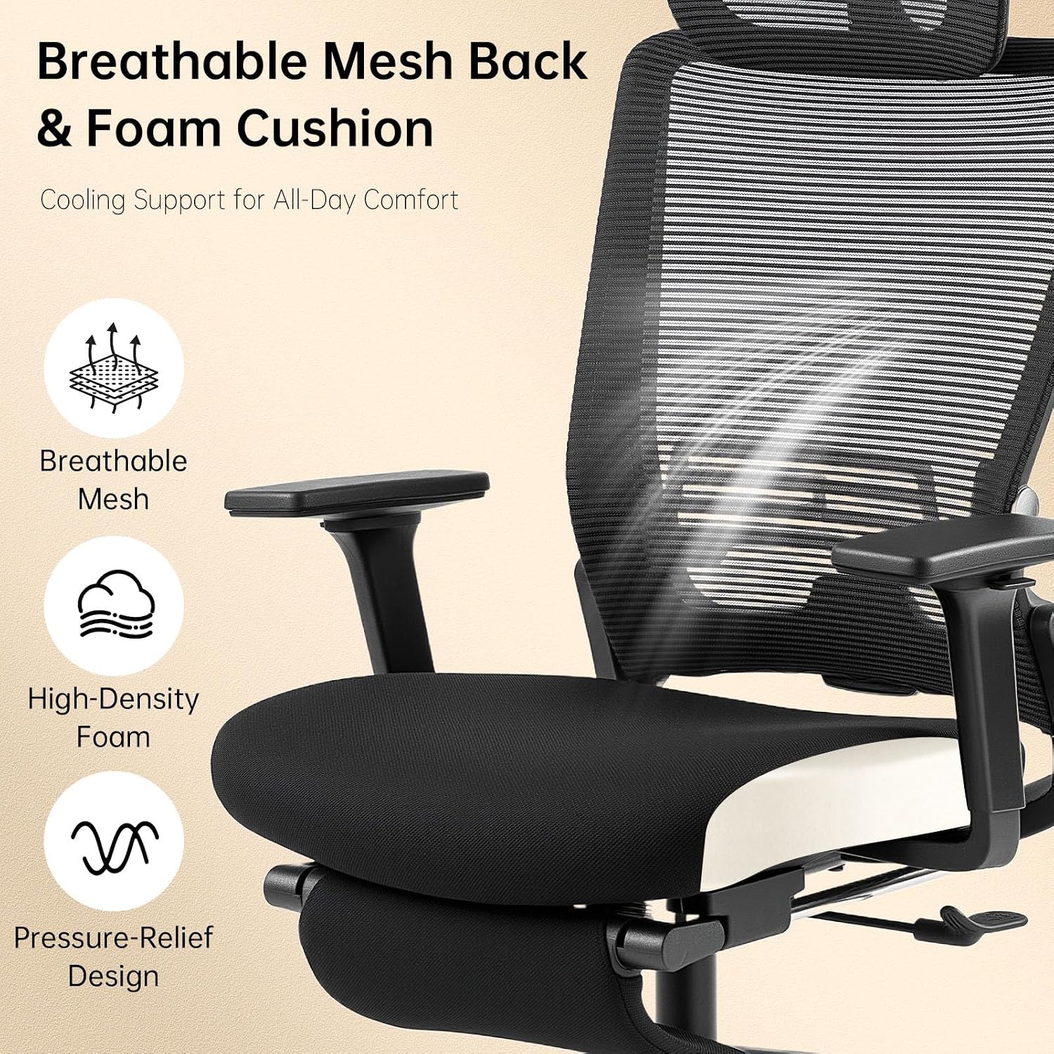 Foldable Office Chair with Foot Rest, Ergonomic Office Chair with Adjustable Lumbar Support, Headrest, Armrest, Home Office Desk Chairs for Space Saving, Work from Home, Black