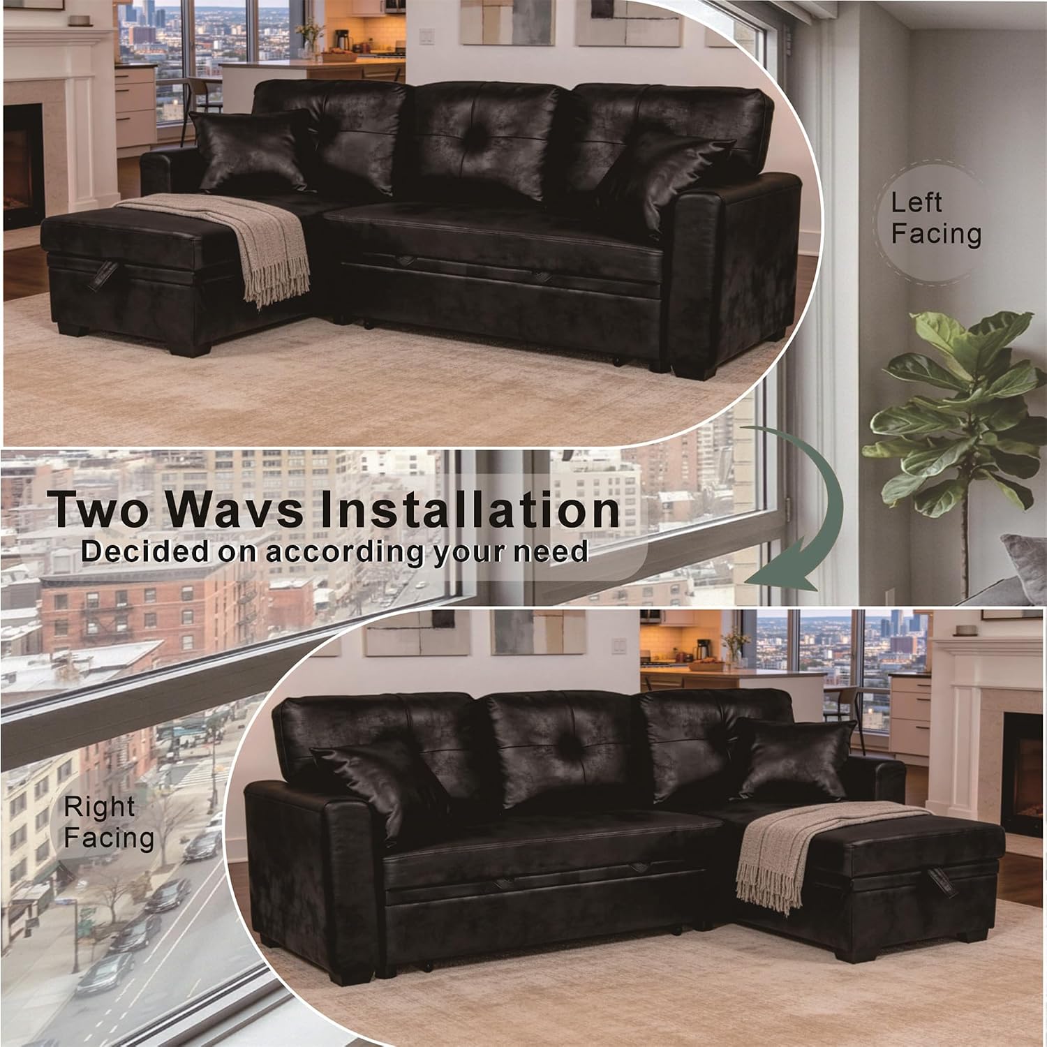 L Shaped Sectional Couch with Storage and Pull Out Bed, 3 Seater Sleeper Sofas Convertible Couches with Reversible Chaise for Living Room, Space Saving Small Sofa Bed for Small Spaces