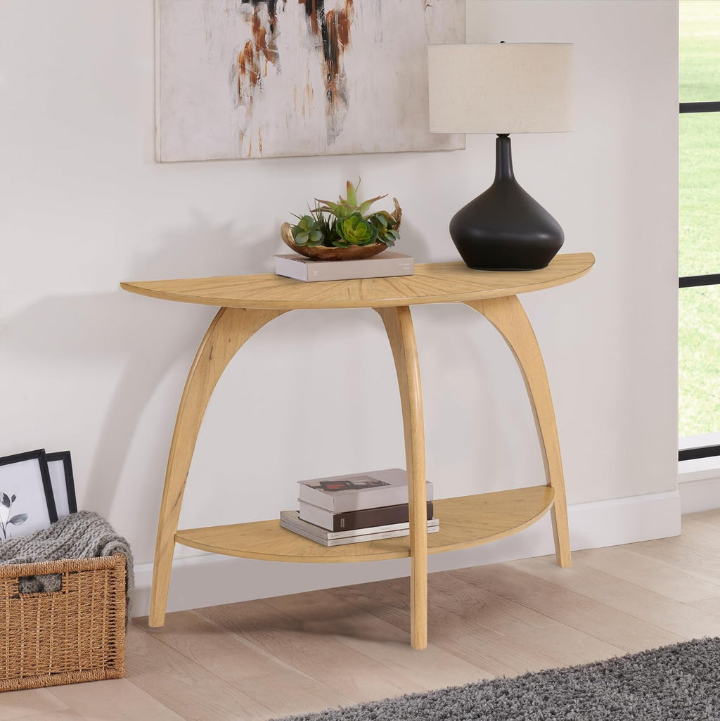 Martin Svensson Home LAX Retro Mid-Century Modern Half-Moon Wood Sofa Table with Lower Shelf, Console Table for Living Room or Entryway. Light Wood Blonde.