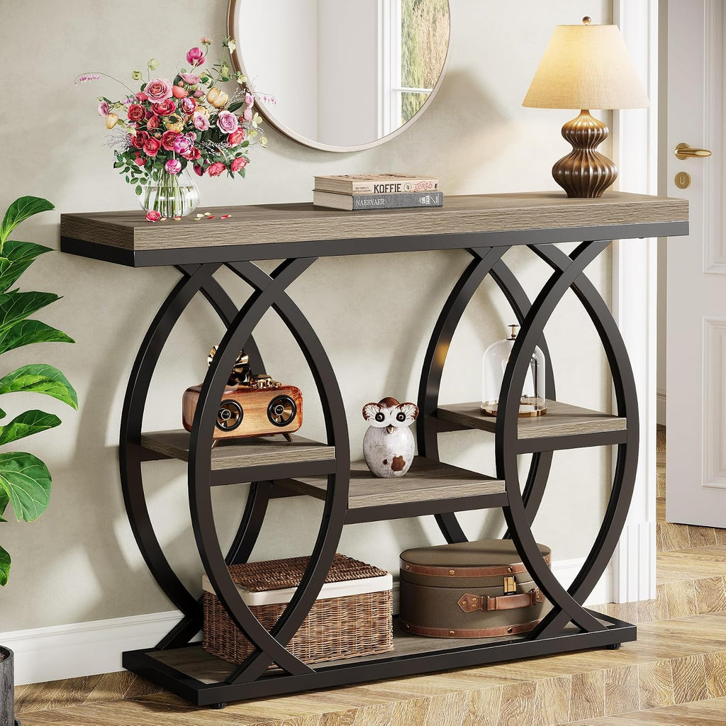 Tribesigns 39.4' Console Table, Industrial 4-Tier Sofa Table Entryway Table with Storage Shelves, Narrow Wood Accent Tables with Metal Frame for Small Spaces, Hallway, Foyer, Grey