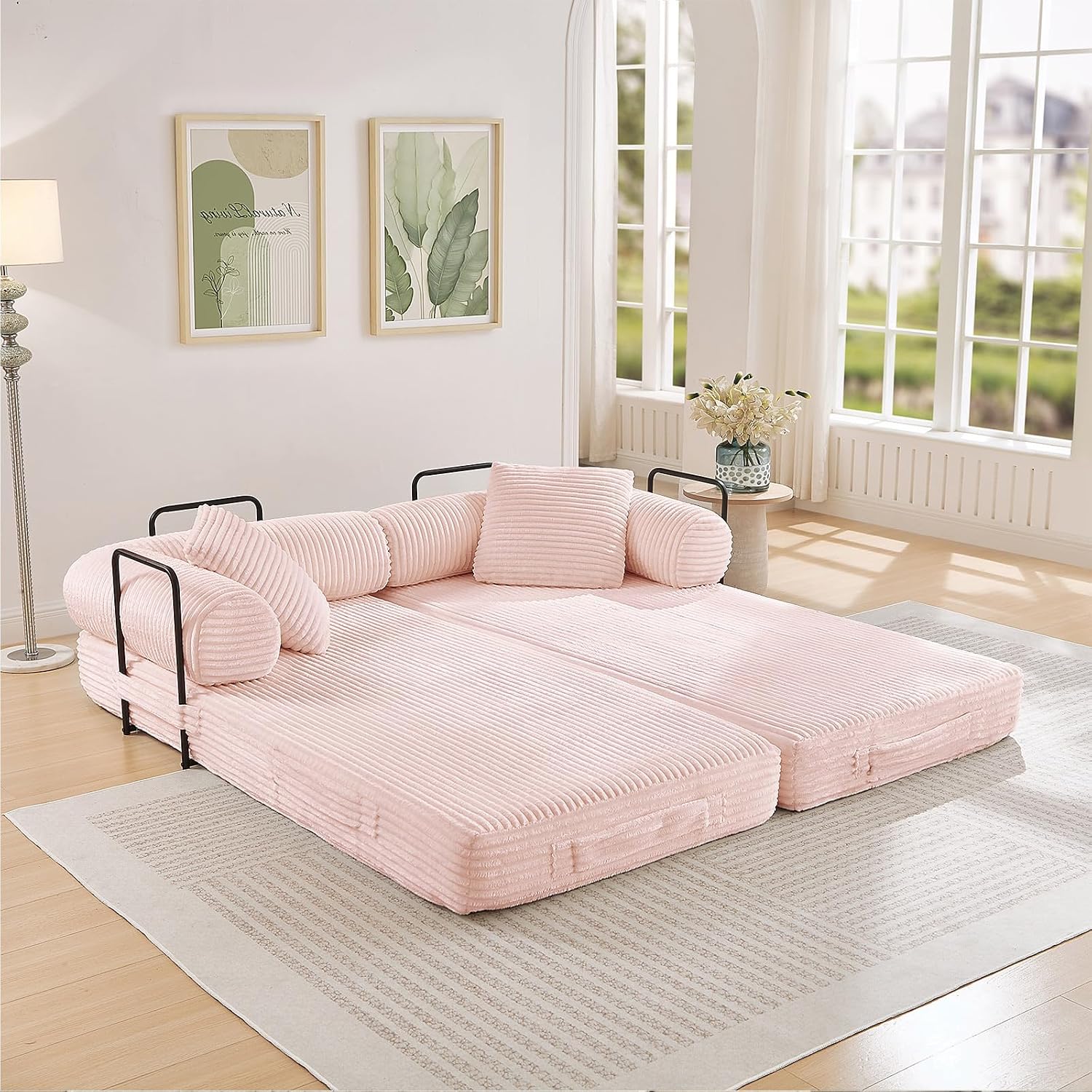 Modular Couch Bed, Convertible Folding Plush Corduroy Comfy Floor Memory Foam Compression Loveseat Sleeper Sofa Couch, King Size Bed for Guest Room Living Room Bedroom, No Assembly Required, Pink