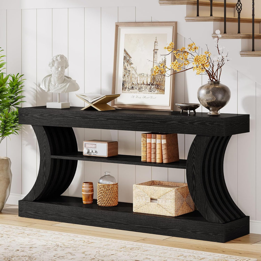 Tribesigns 70.9-Inch Long Farmhouse Entryway Console Table with Storage, 3-Tier Wooden Couch Table Behind Sofa, for Entry, Entrance, Hallway, Foyer, Living Room, Black