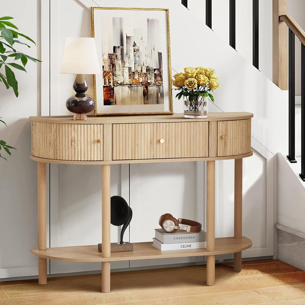 XUZENEST 43.3' Fluted Half Moon Console Table, Modern Entryway Console Sofa Table with Storage, Narrow Wood Accent Tables Behind Couch Tables for Living Room, Hallway, Foyer(Natural)