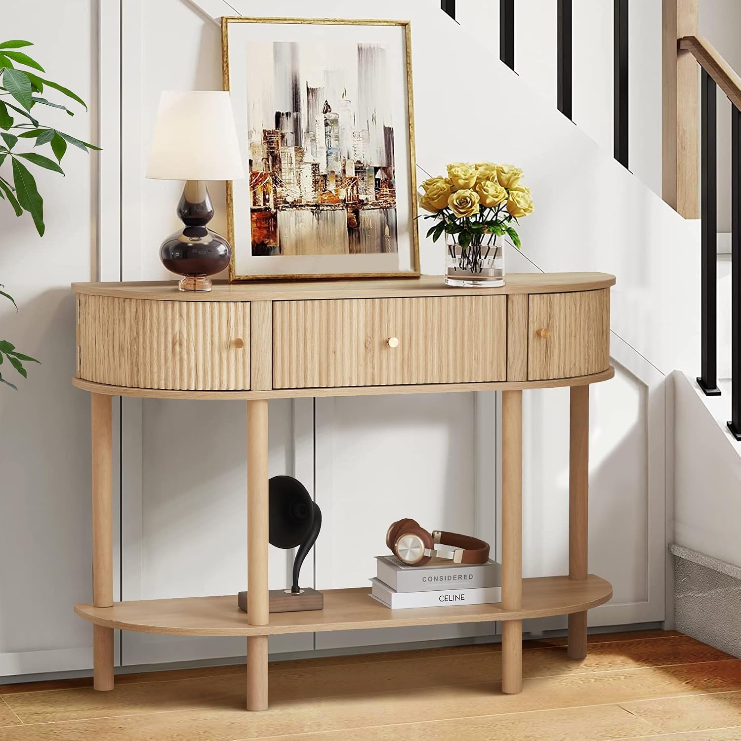 XUZENEST 43.3' Fluted Half Moon Console Table, Modern Entryway Console Sofa Table with Storage, Narrow Wood Accent Tables Behind Couch Tables for Living Room, Hallway, Foyer(Natural)