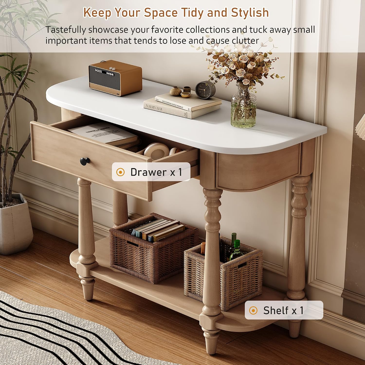 Small Curved Console Table 36-Inch Retro Farmhouse Entryway Sofa Table with Drawer & Storage Shelf for Entry Hallway Foyer Living Room Furniture, Solid Wood Legs, Space-Saving, Beige