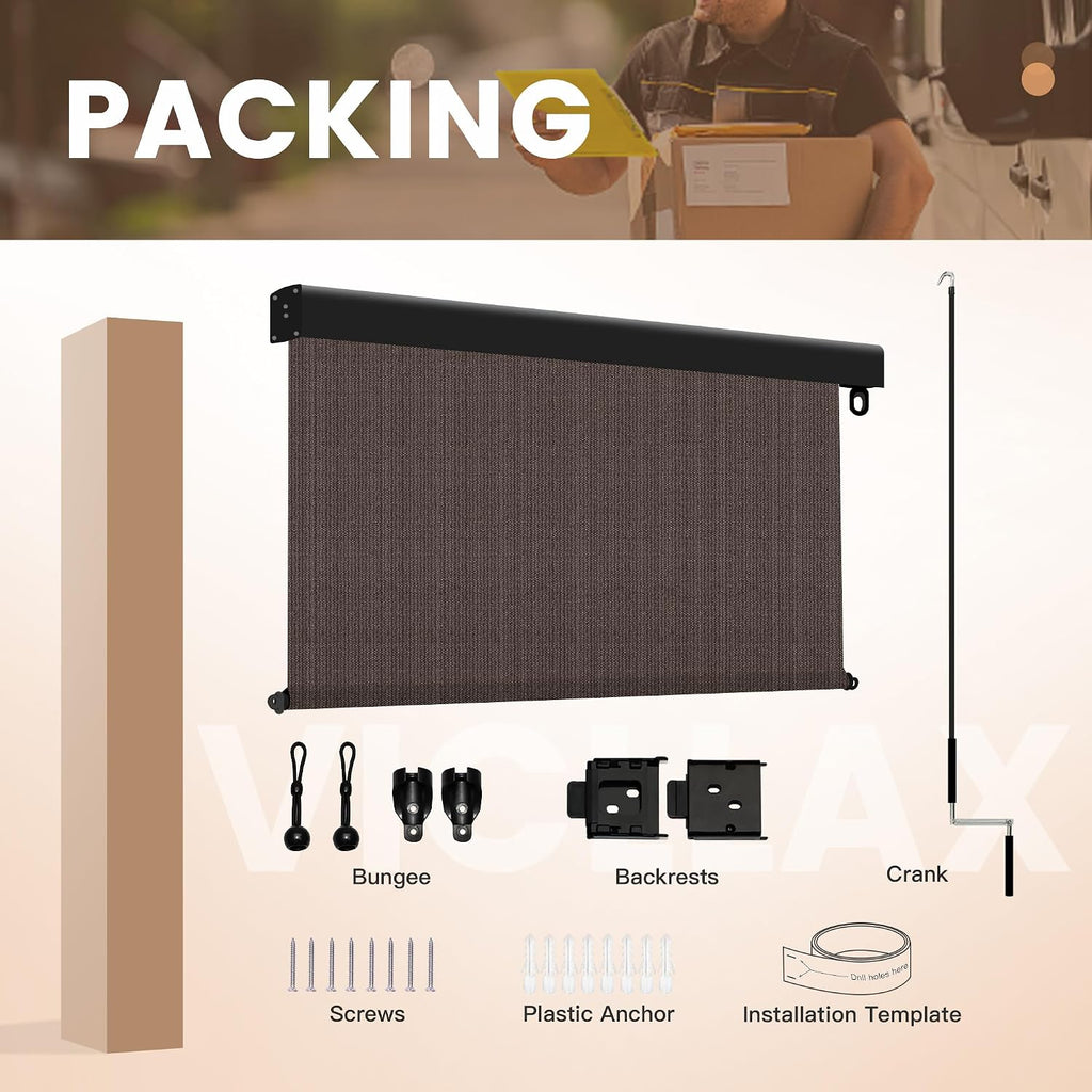 VICLLAX Premium Outdoor Roller Shade, 95% Patio Cordless Blinds with Weather Resistant Valance 8x8FT,Chocolate