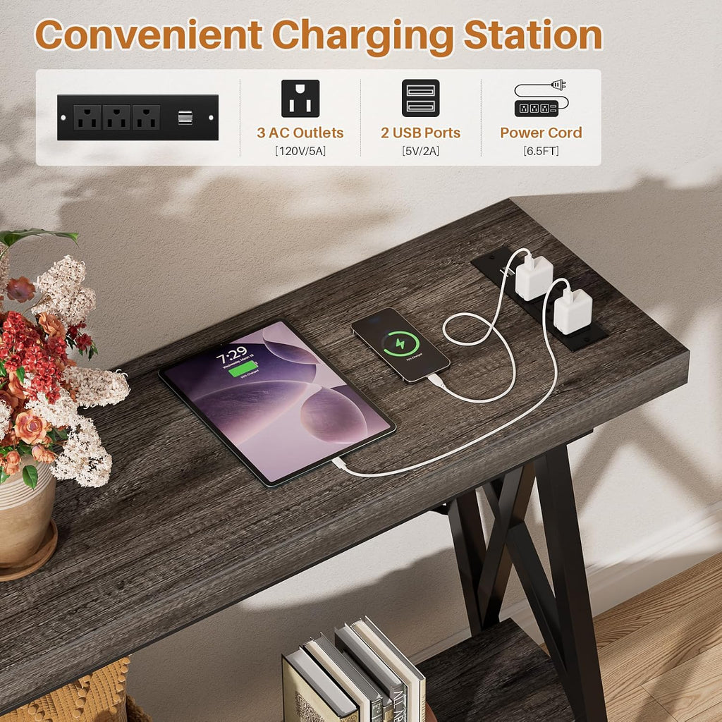 Homieasy 70.9 Inch Console Table, Industrial Sofa Table Behind Couch with Charging Station & Storage Shelf, Entryway Table for Living Room & Entryway, Grey