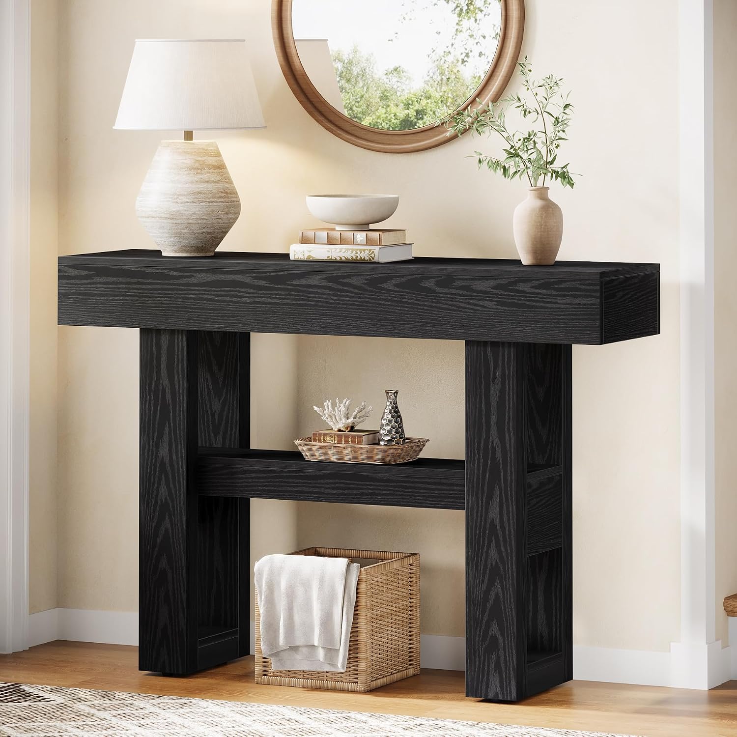 Tribesigns 41.34-Inch Farmhouse Console Table, 2-Tier Narrow Sofa Table Behind The Couch, Entryway Furniture with Storage Shelves for Hallway Foyer Living Room, Black