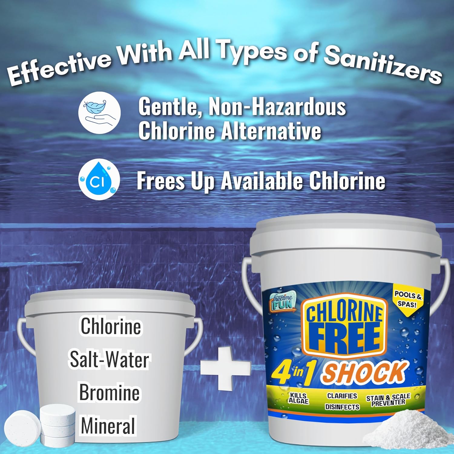 Non-Chlorine 4 in 1 Shock, for Pools and Spas. Fast Acting, Quick Dissolving, Shock, Sanitizes, Clarifies, Eliminates Algae & Prevents Stains. Reduces Harsh Chlorine Usage (25 lb)