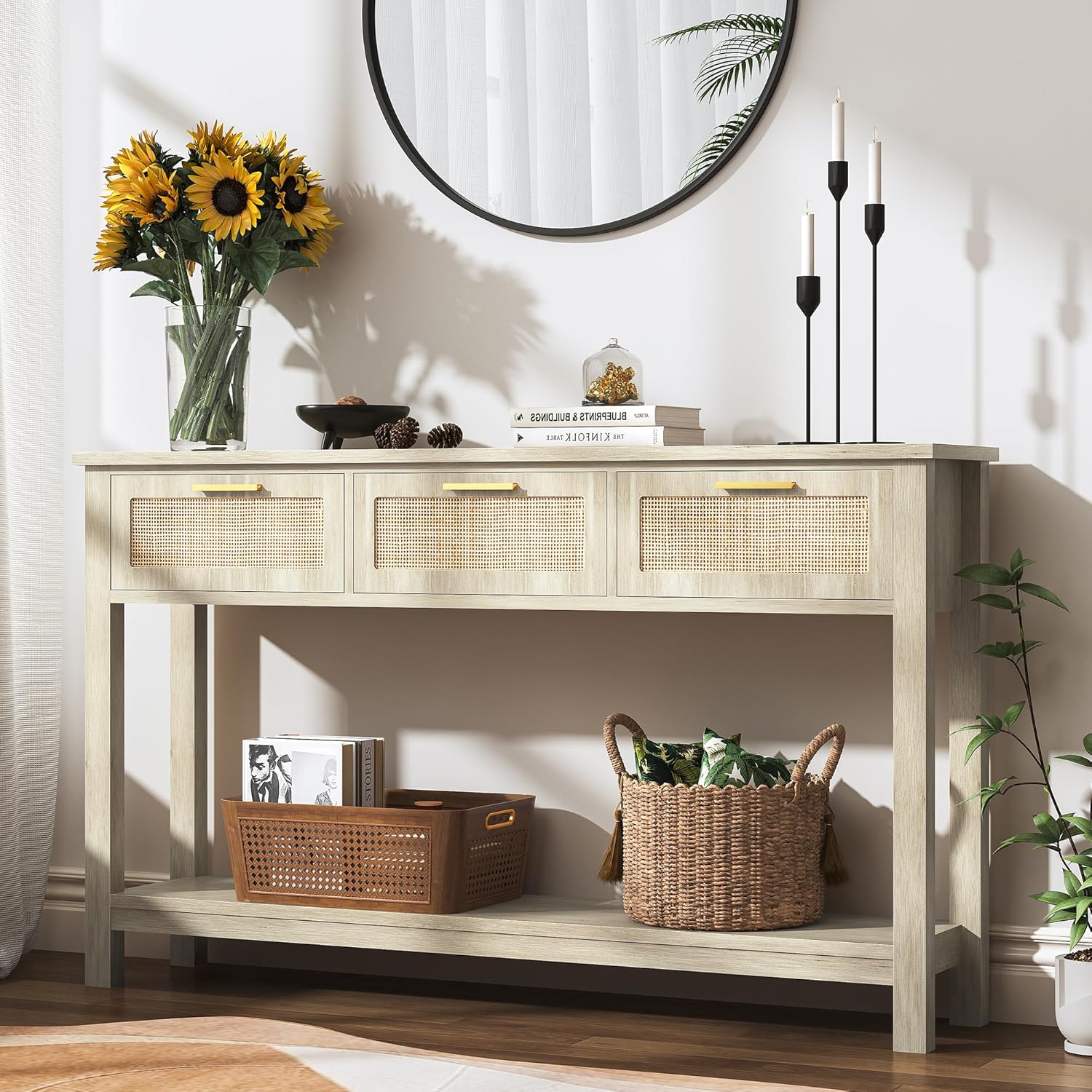 ELYKEN Rattan 51.2' Console Table with 3 Drawer, Entryway Table with Drawer & Shelf, Boho Sofa Table Behind Couch Foyer for Living Room, Hallway, Natural Wood