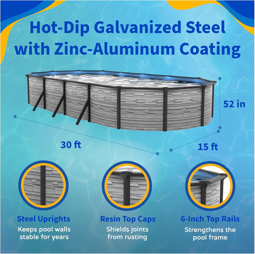 Blue Wave Montilla 15-ft x 30-ft Oval 52-in Deep Above Ground Swimming Pool – Steel Wall & Top Rails, Sand Filter, Skimmer, Liner, A-Frame Ladder & Maintenance Kit – Complete Outdoor Pool Accessories