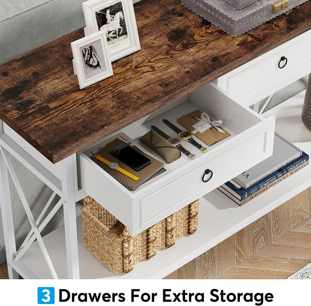 Tribesigns 70.8' Console Table with 3 Drawers, Farmhouse Entryway Table with Storage Shelf, Narrow Long Sofa Foyer Table for Entryway, Hallway (White/Brown)