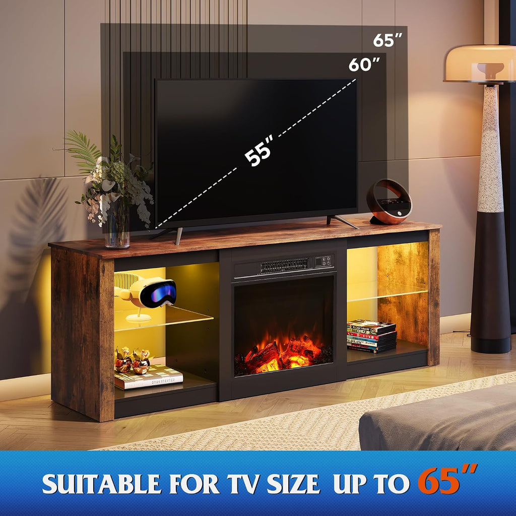 WLIVE 58 Inches Fireplace TV Stand with LED Lights, Modern Entertainment Center with 18'' Electric Fireplace & Adjustable Glass Shelves, Sturdy Media Console for Living Room, Bedroom (Brown)