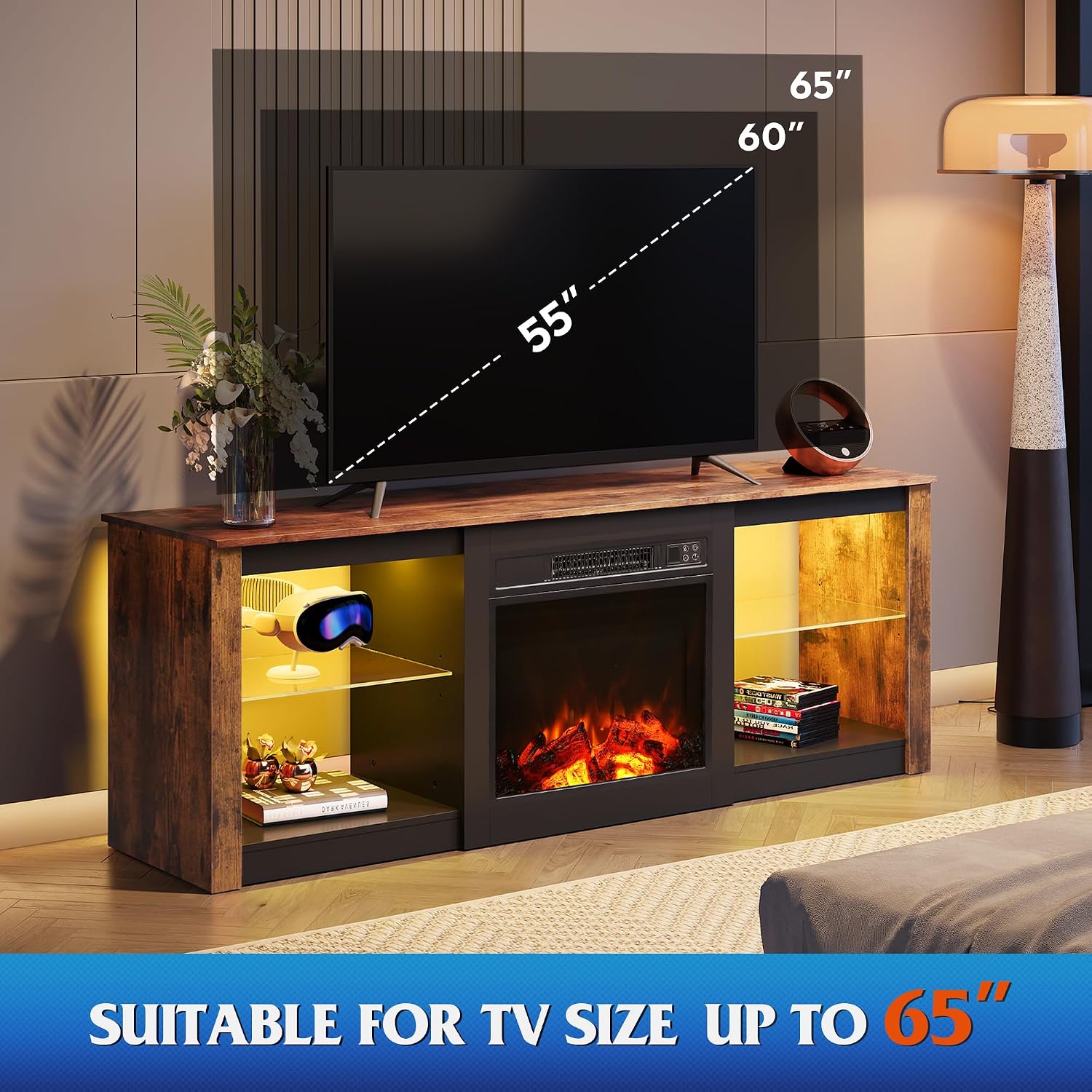 WLIVE 58 Inches Fireplace TV Stand with LED Lights, Modern Entertainment Center with 18'' Electric Fireplace & Adjustable Glass Shelves, Sturdy Media Console for Living Room, Bedroom (Brown)