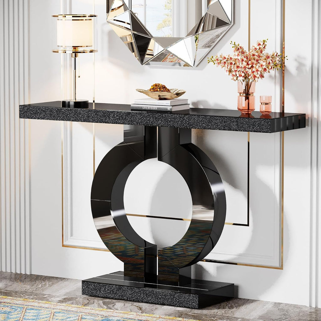Tribesigns Modern Mirrored Console Table, Glass Sofa Table with Mirror Finish, 43-Inch Entryway Table with O-Shaped Base, Rectangular Accent Foyer Table for Living Room Hallway Entrance (Black)
