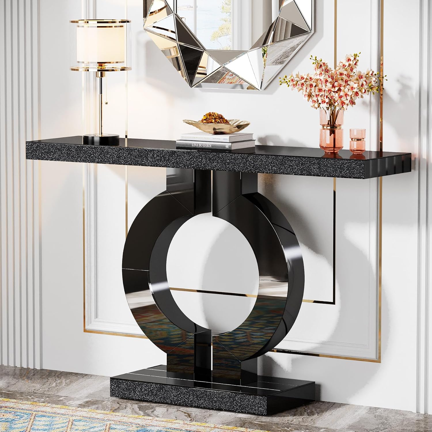 Tribesigns Modern Mirrored Console Table, Glass Sofa Table with Mirror Finish, 43-Inch Entryway Table with O-Shaped Base, Rectangular Accent Foyer Table for Living Room Hallway Entrance (Black)