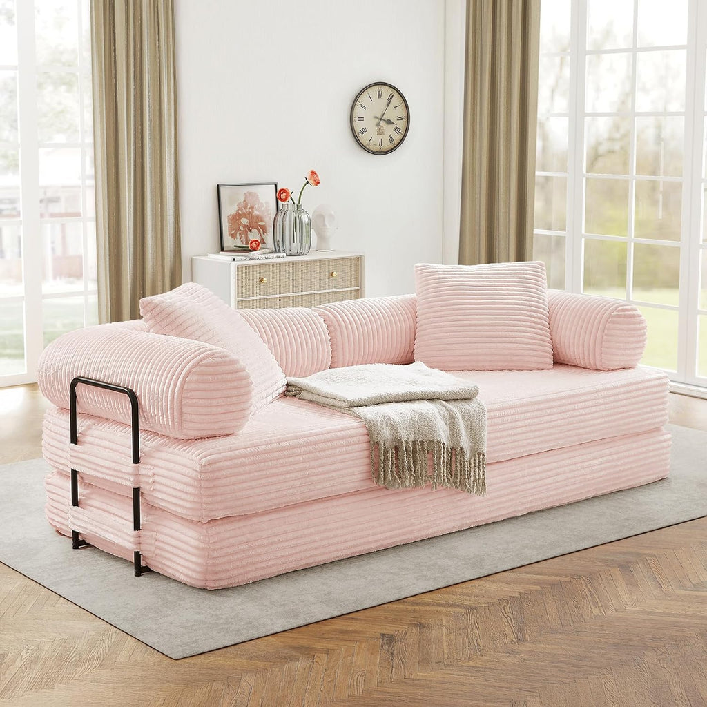 Modular Couch Bed, Convertible Folding Plush Corduroy Comfy Floor Memory Foam Compression Loveseat Sleeper Sofa Couch, King Size Bed for Guest Room Living Room Bedroom, No Assembly Required, Pink