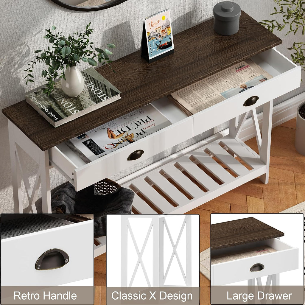 ChooChoo 47' Farmhouse Console Table with Drawer for Entryway, Narrow Long Entry Table with Shelf for Living Room, Rustic Vintage Hallway Sofa Table with Stable X Supports, White