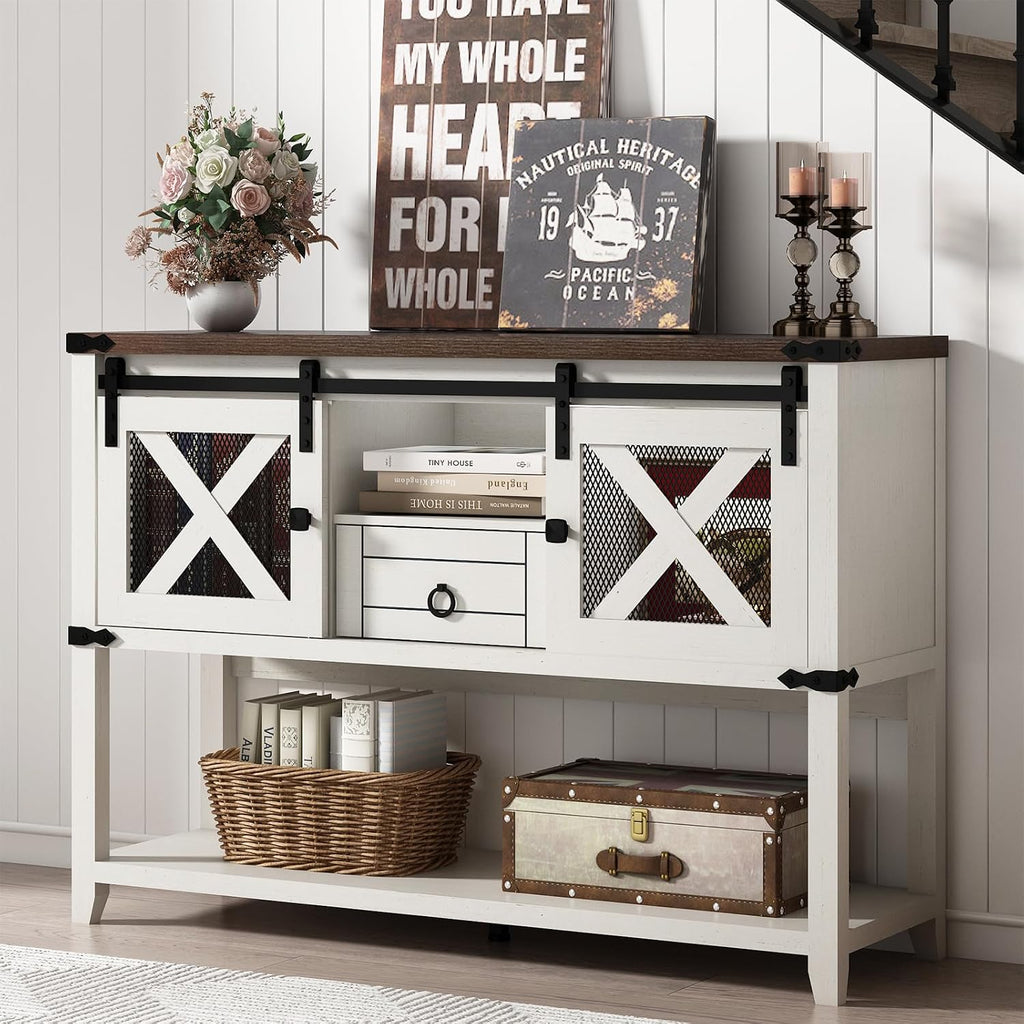 Hlivelood Farmhouse Entryway Table with 2 Sliding Barn Doors & Drawer, 46'' Rustic Console Table with Storage, Open Shelf Space, Industrial Sofa Table for Living Room, Entryway, Hallway, Vintage White