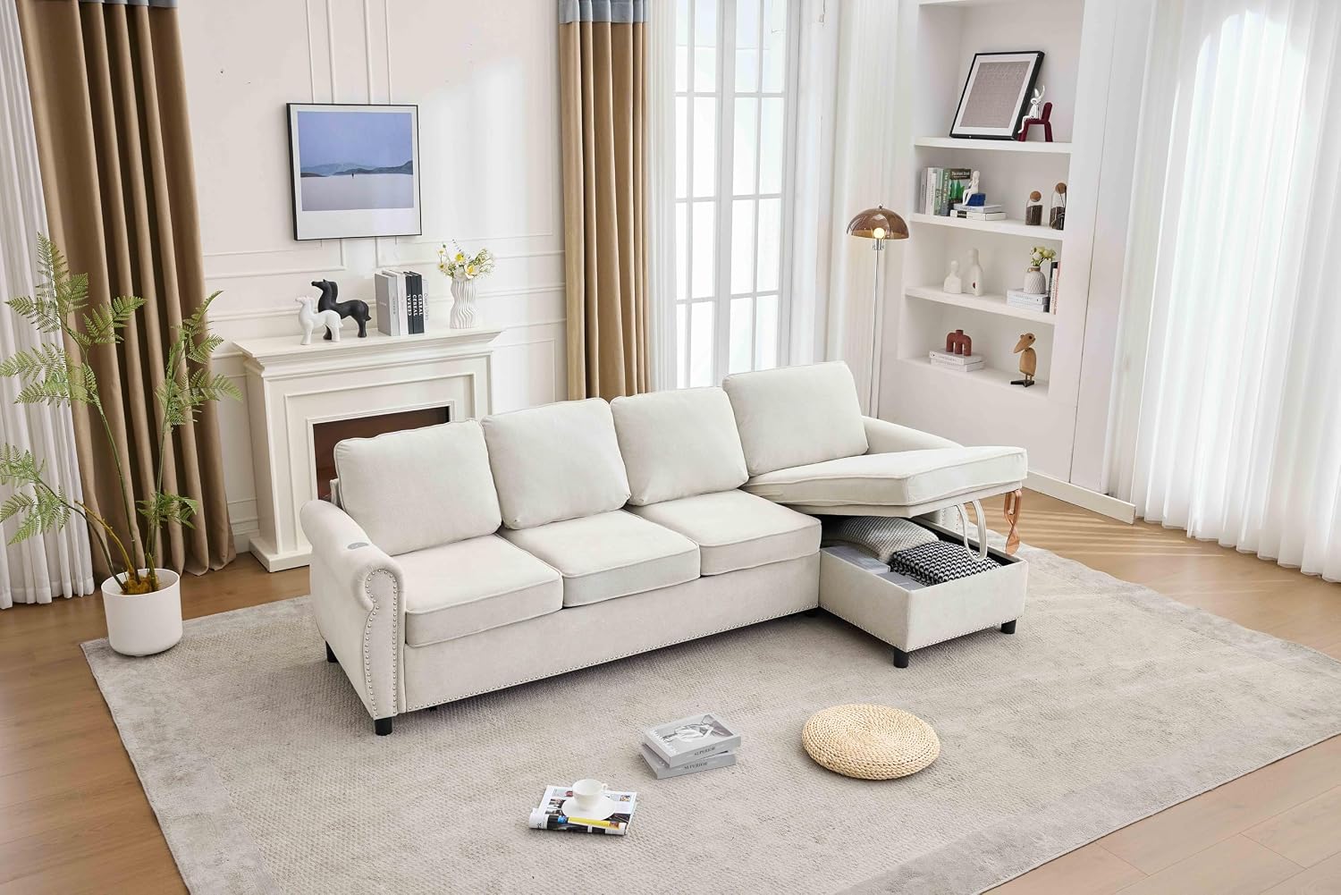106.5'' Sectional Sofa Bed Full, Sleeper Sofa Bed, Flannel L-Shaped Couch with Mattress, Convertible Pull Out Couch, Wireless Charging, USB, Storage Chaise for Living Room, Small Space, Beige