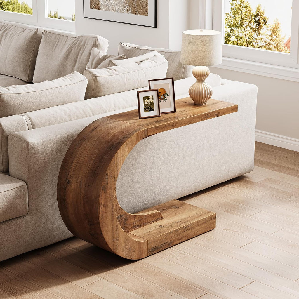LITTLE TREE 43.3 Inches Farmhouse Console Table, 2-Tier C-Shaped Sofa Table Behind The Couch, Wooden Entryway Table Narrow Hallway Foyer Table for Living Room, Entrance, Brown