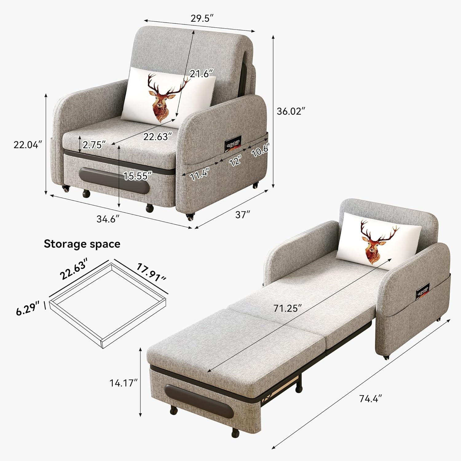 34.6' Pull Out Sofa Bed, Convertible Sleeper Sofa, 2-in-1 Couch Bed for Living Room & Small Spaces, RV Sofa Bed, Multi-Functional Folding Loveseat, Gray