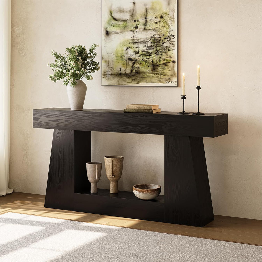 LITTLE TREE 63' Farmhouse Console Table with Storage, Rustic Sofa Table for Entryway, Narrow Long Sofa Table Behind Couch, Console Table for Living Room, Hallway—Versatile Storage Solution, Black