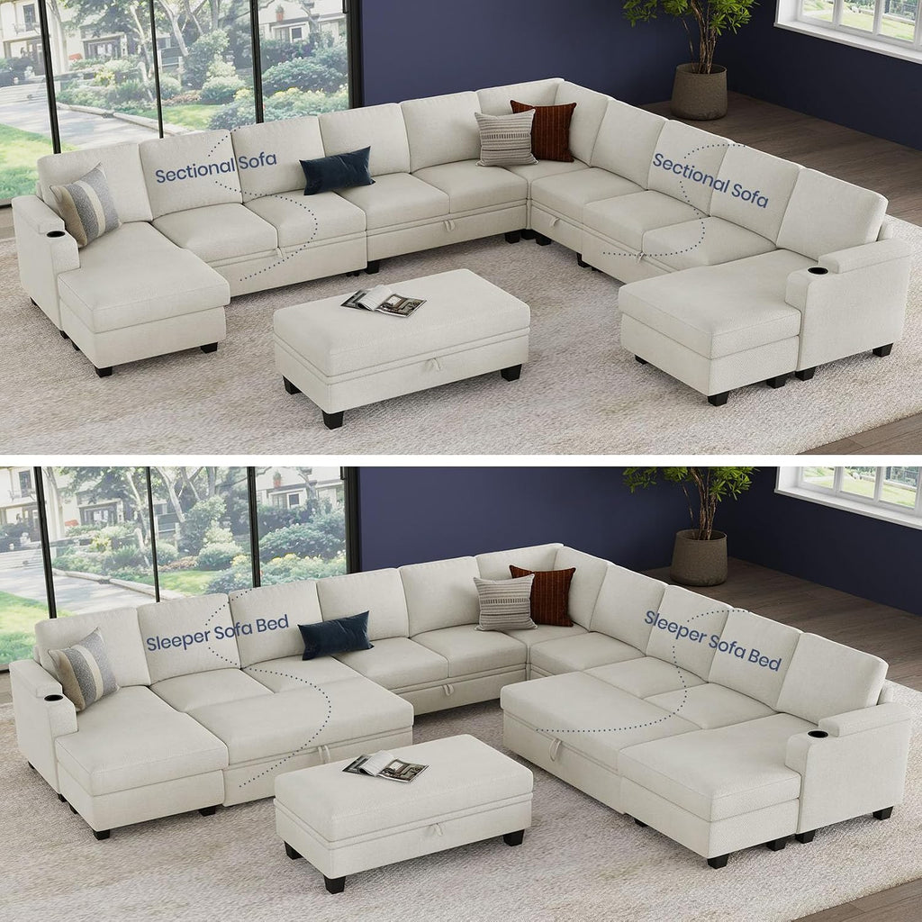 Belffin Oversized U Shaped Modular Sectional Sleeper Sofa with Large Ottoman Convertible Double Chaise Corner Couch with Pull Out Bed. White Sofa