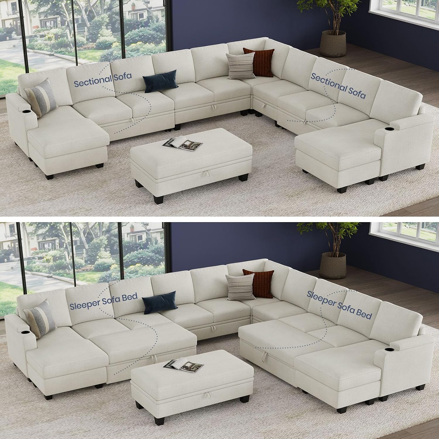 Belffin Oversized U Shaped Modular Sectional Sleeper Sofa with Large Ottoman Convertible Double Chaise Corner Couch with Pull Out Bed. White Sofa