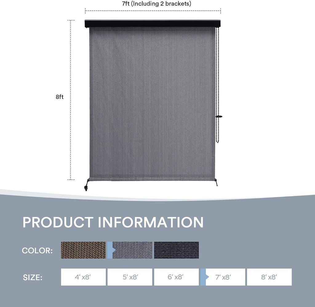 Outdoor Roller Shade, Exterior Patio Corded Blinds with Aluminum Valance Roll Up Shades for Porch Balcony Backyard (7' W X 8' L), Anthracite Grey