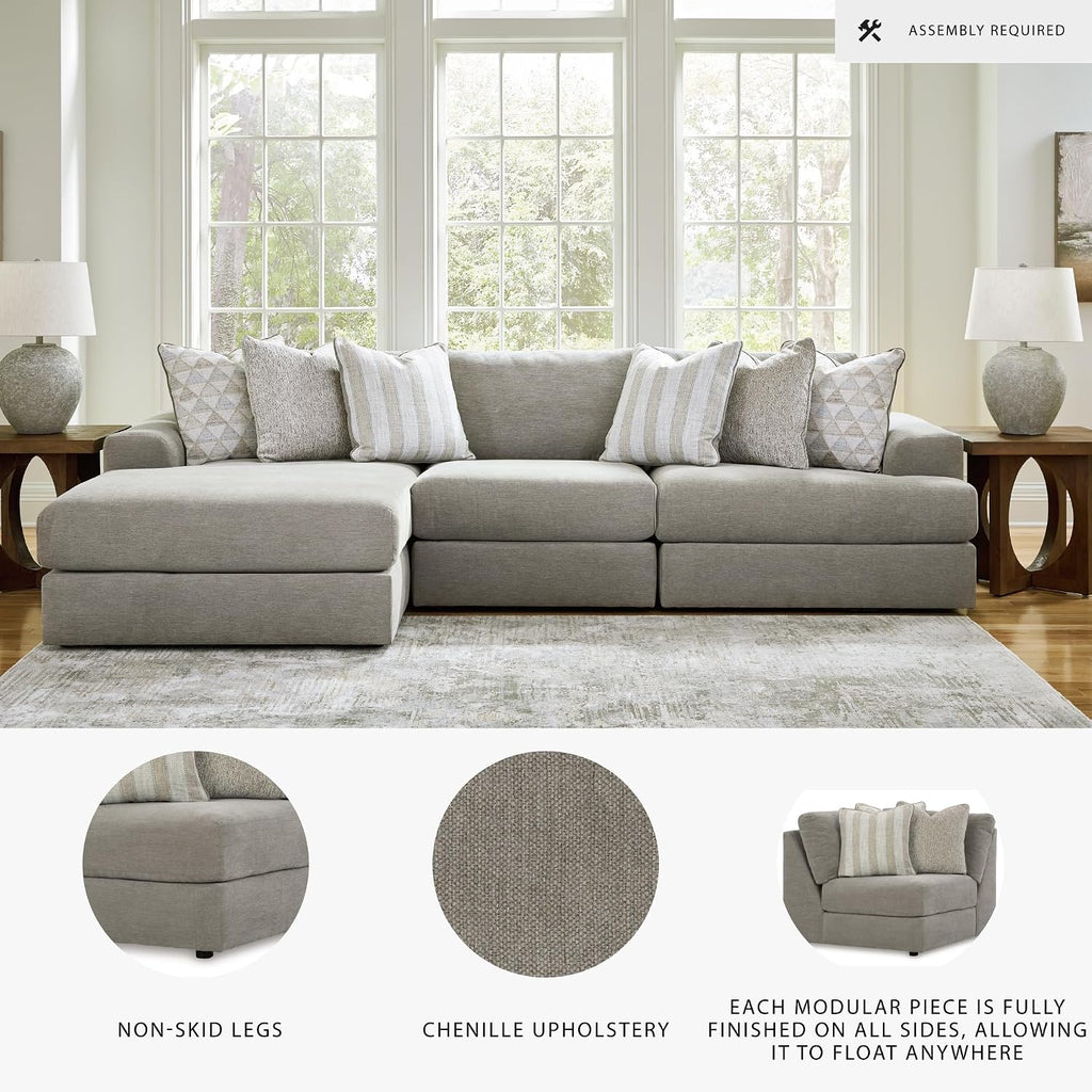 Signature Design by Ashley Avaliyah Casual L-Shaped 3-Piece Sectional with Chaise with Reversible Cushions and 6 Accent Pillows, Light Gray
