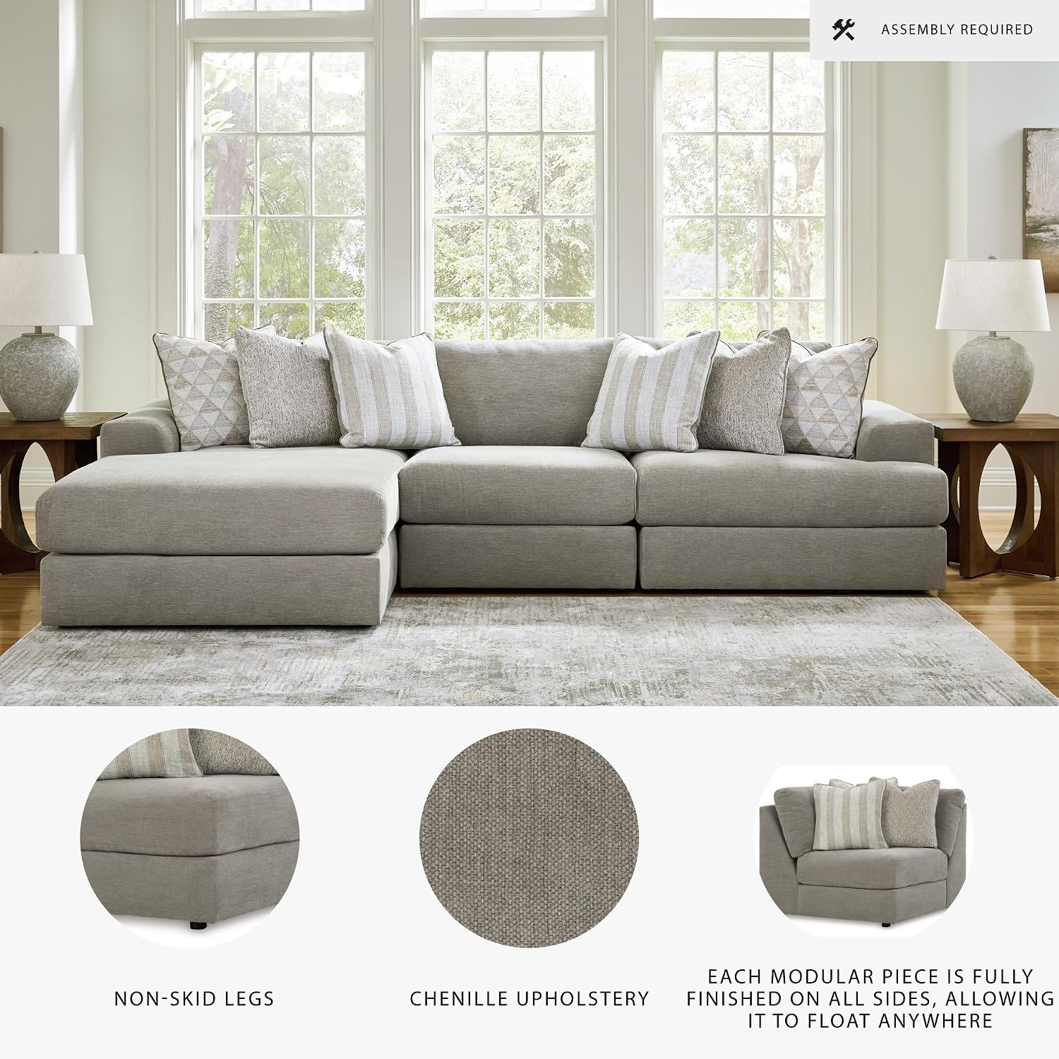 Signature Design by Ashley Avaliyah Casual L-Shaped 3-Piece Sectional with Chaise with Reversible Cushions and 6 Accent Pillows, Light Gray
