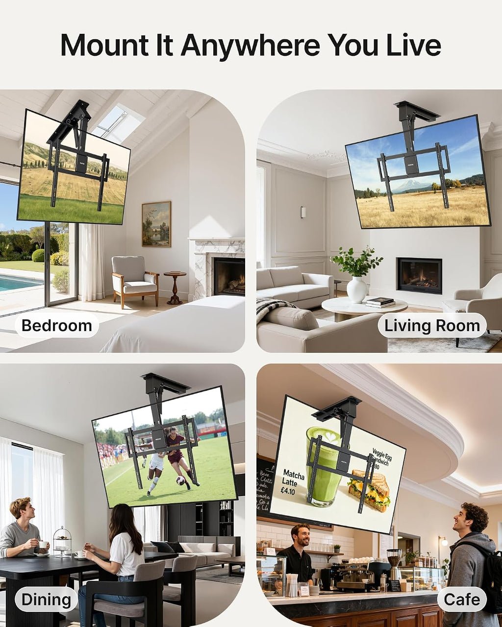 monTEK Motorized Ceiling TV Mount for 43-86 Inch TVs, Heavy-Duty 121lbs (4X Load Tested), Off-Center VESA Compatible, Electric Flip Down with Remote/App/Voice Control, Fits Flat & Pitched Roof